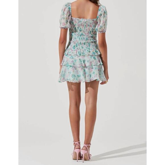 New ASTR Garland Floral Front Cutout Puff Sleeve Mini Dress in Mint Size M - Picture 4 of 16
